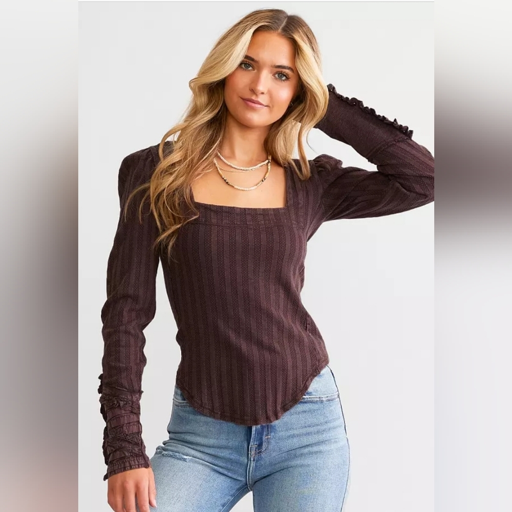 Free People Chocolate Brown Ribbed Square-Neck Long Sleeve Top